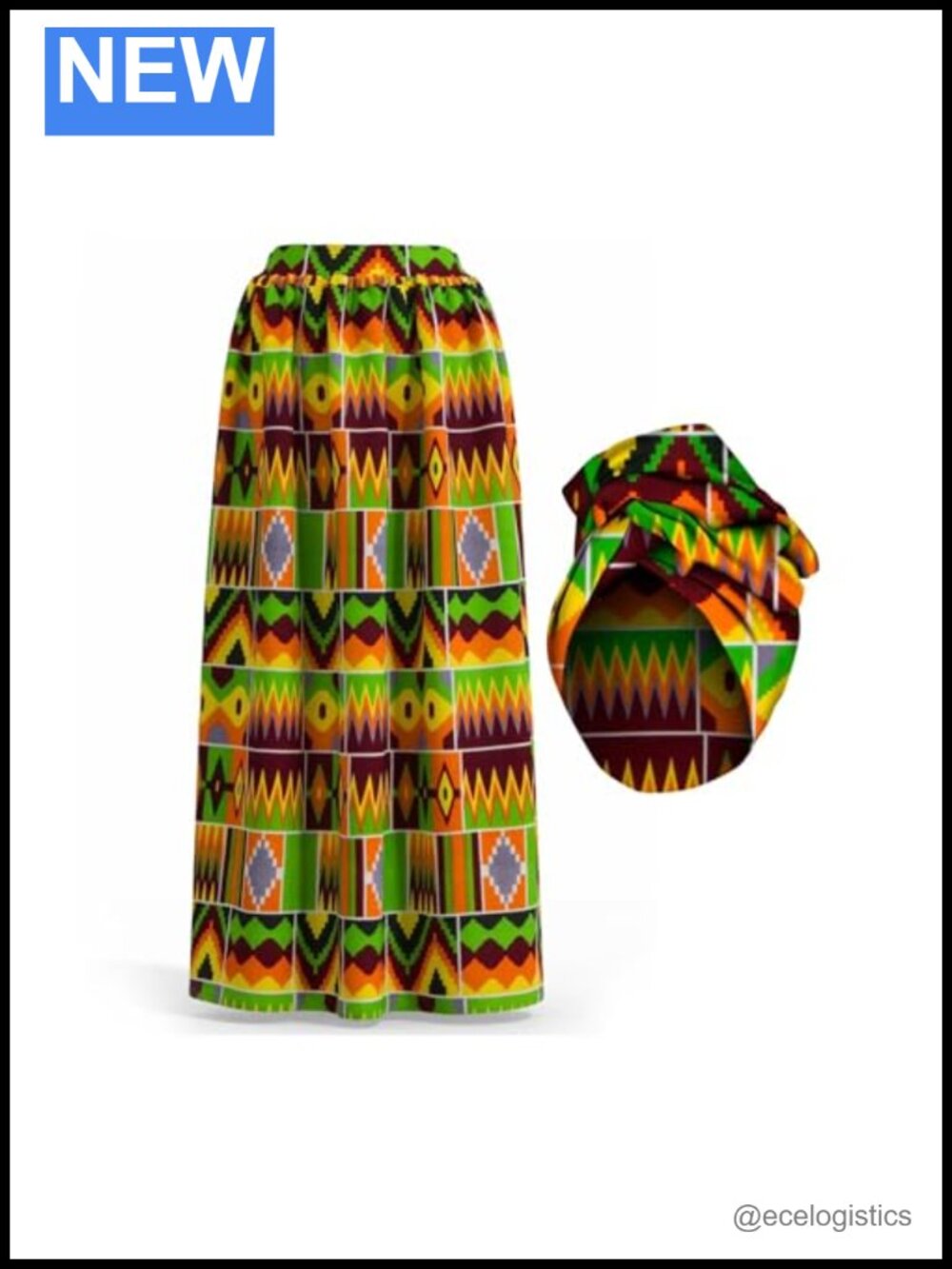 African Cotton Maxi Skirt with Matching Headwrap Multi Print